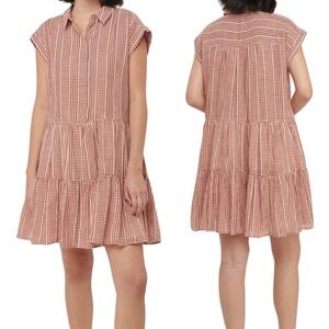 Lou & Grey LOFT Gingham Dress Size M Burgundy Red White Tiered Cap Sleeve Casual